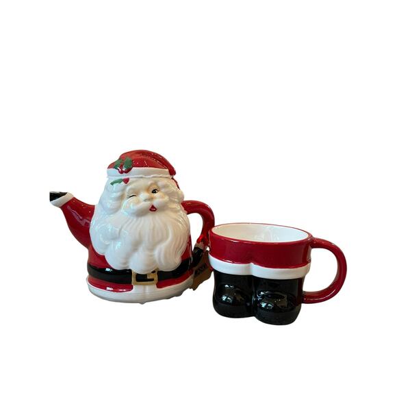 Lang Christmas Tea For One Winking Santa Teapot With Lid 12oz Cup New - Picture 12 of 16